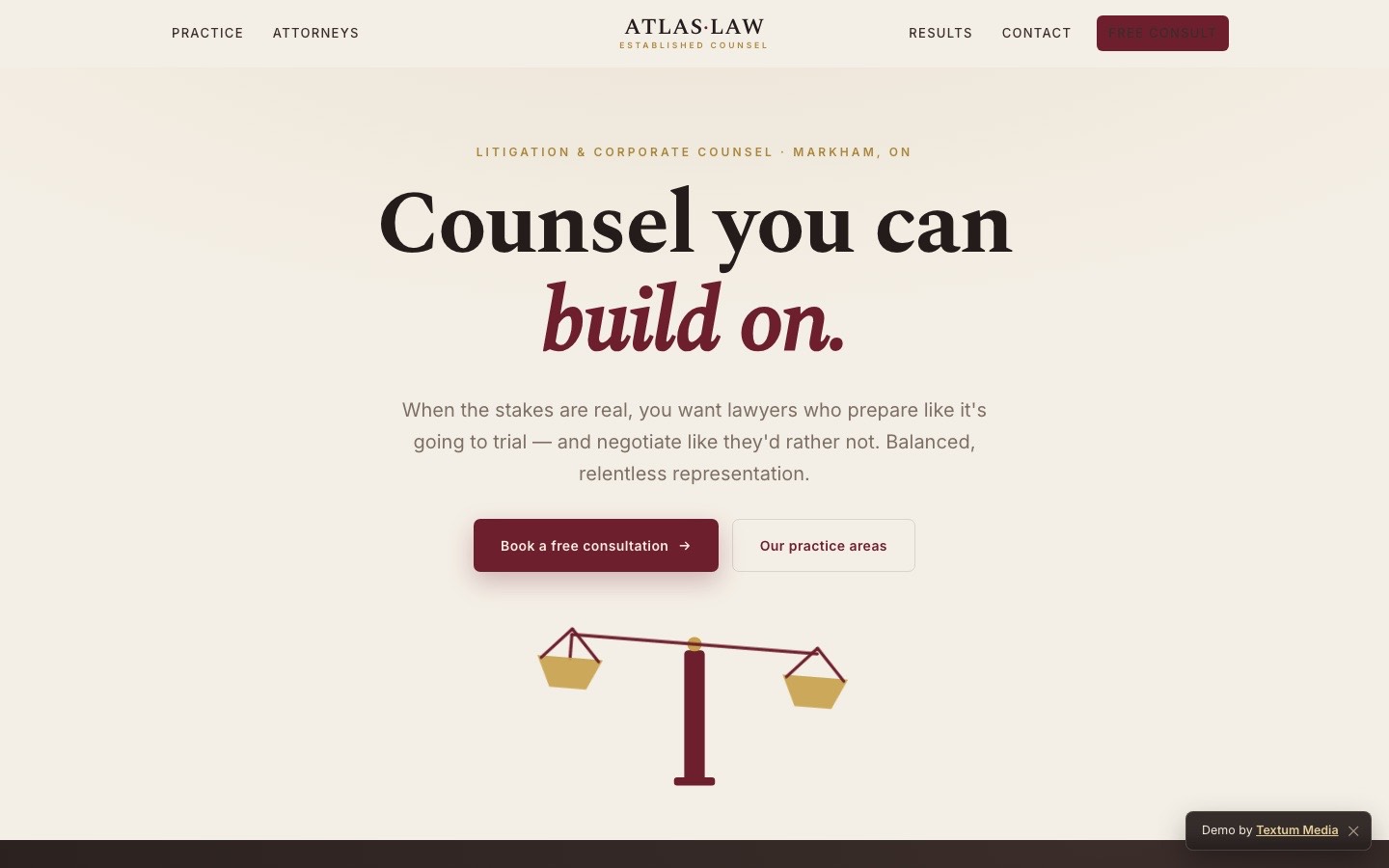 The Atlas Law Group concept site — a law firm homepage built by Textum Media.