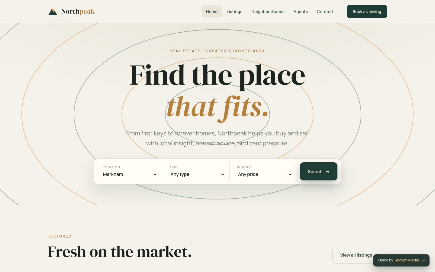 The Northpeak Realty concept site — a real-estate homepage built by Textum Media.