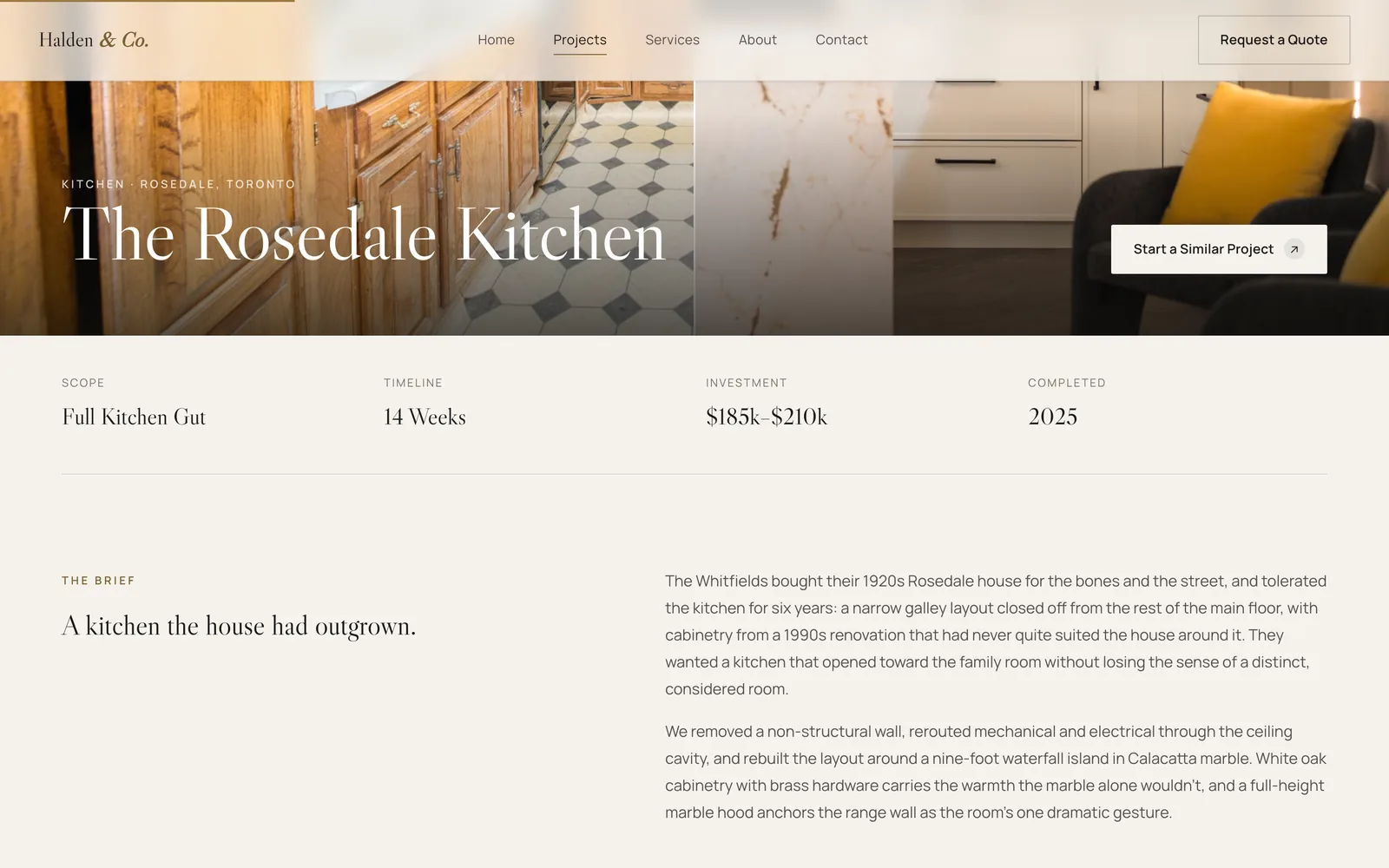 A project write-up page from the Halden & Co. concept site, pairing a large photograph with the detail of the build.