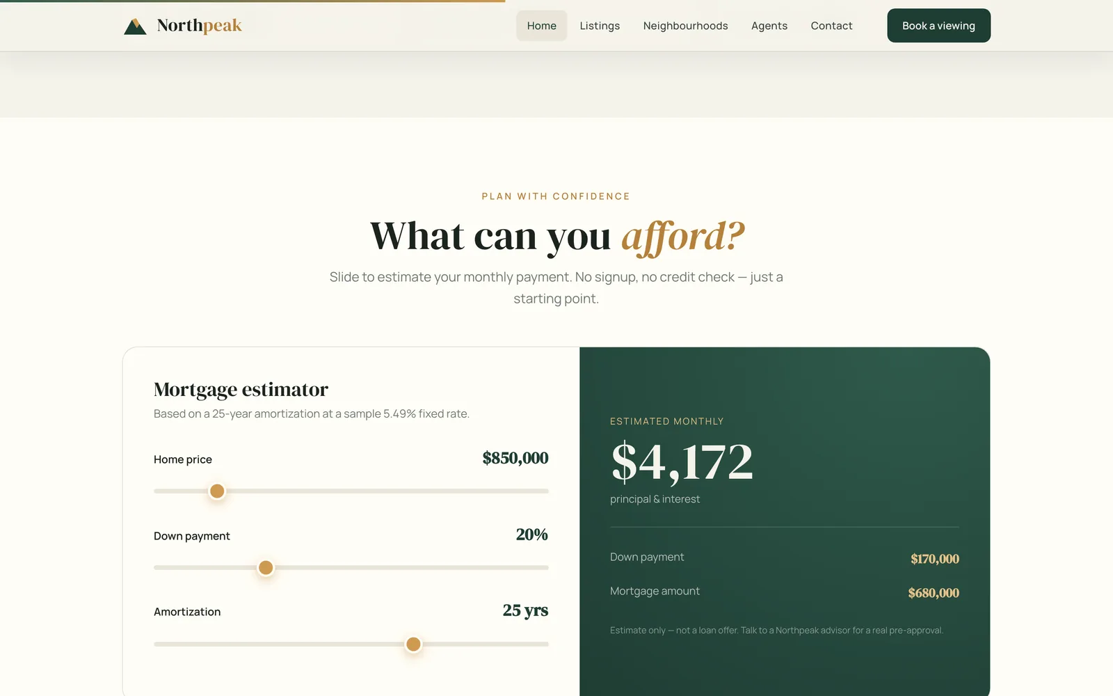 The mortgage estimator on the Northpeak Realty concept site, with sliders for price, down payment and amortisation beside a calculated monthly figure.