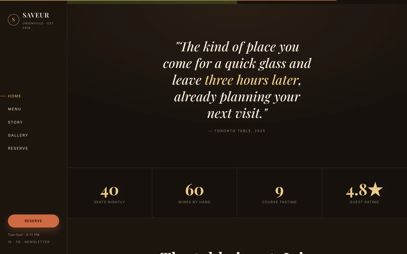 An interior section of the Saveur Bistro concept site describing the wine list, set beside a photograph of a dish.
