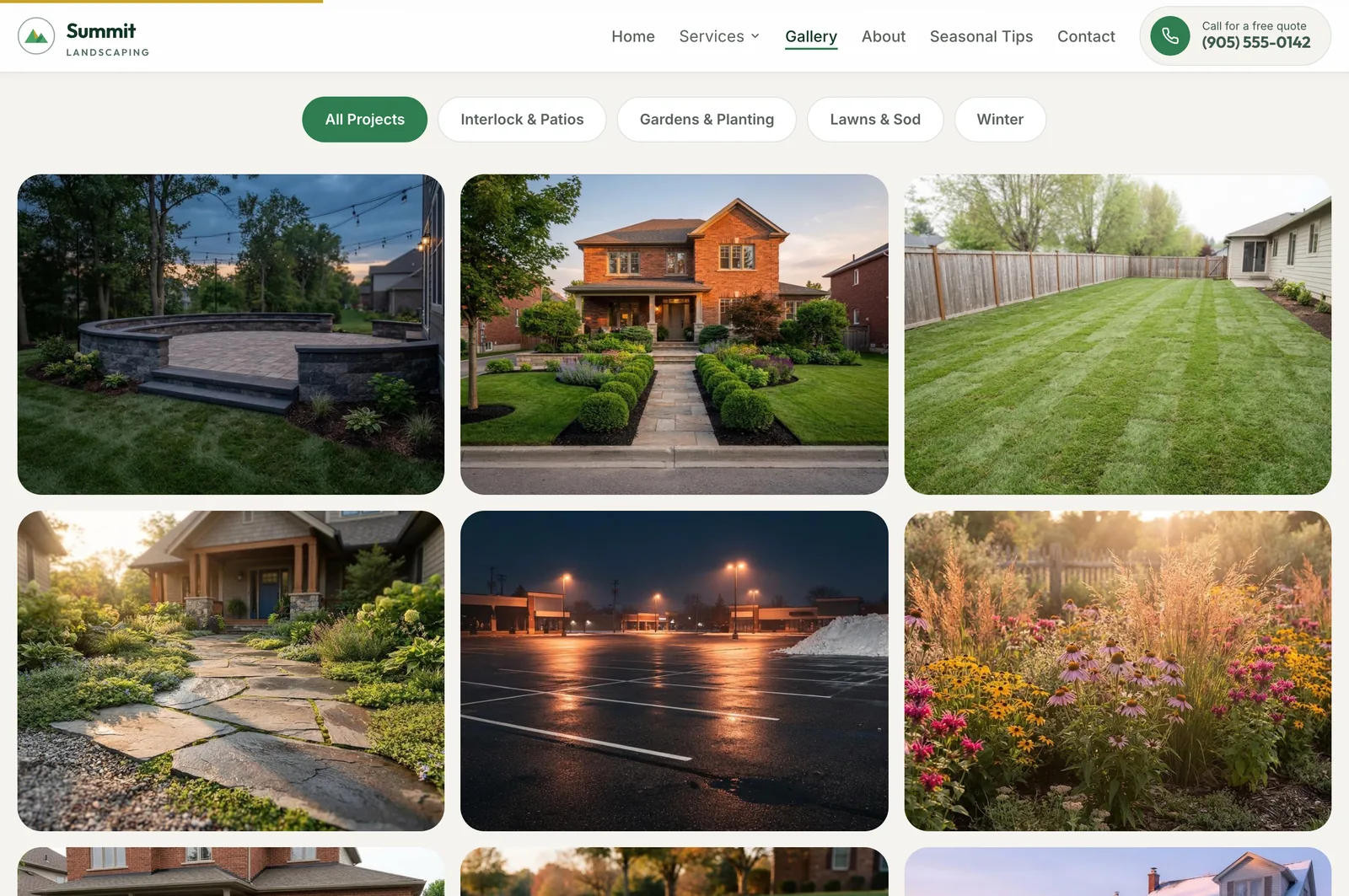 The gallery page of the Summit Landscaping concept site, showing filter buttons above a grid of project photographs.