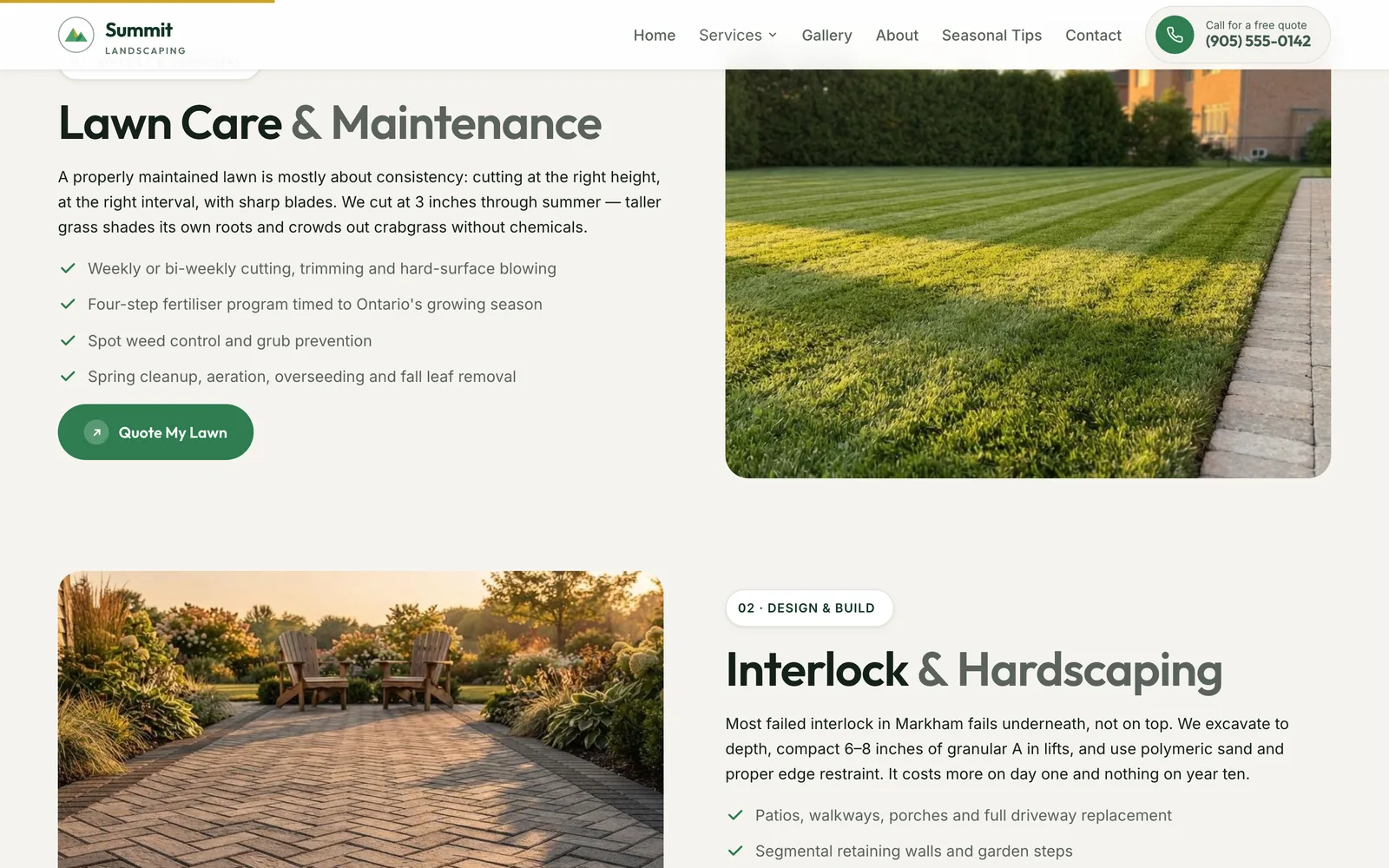 A services page from the Summit Landscaping concept site, listing each service with its own photograph.