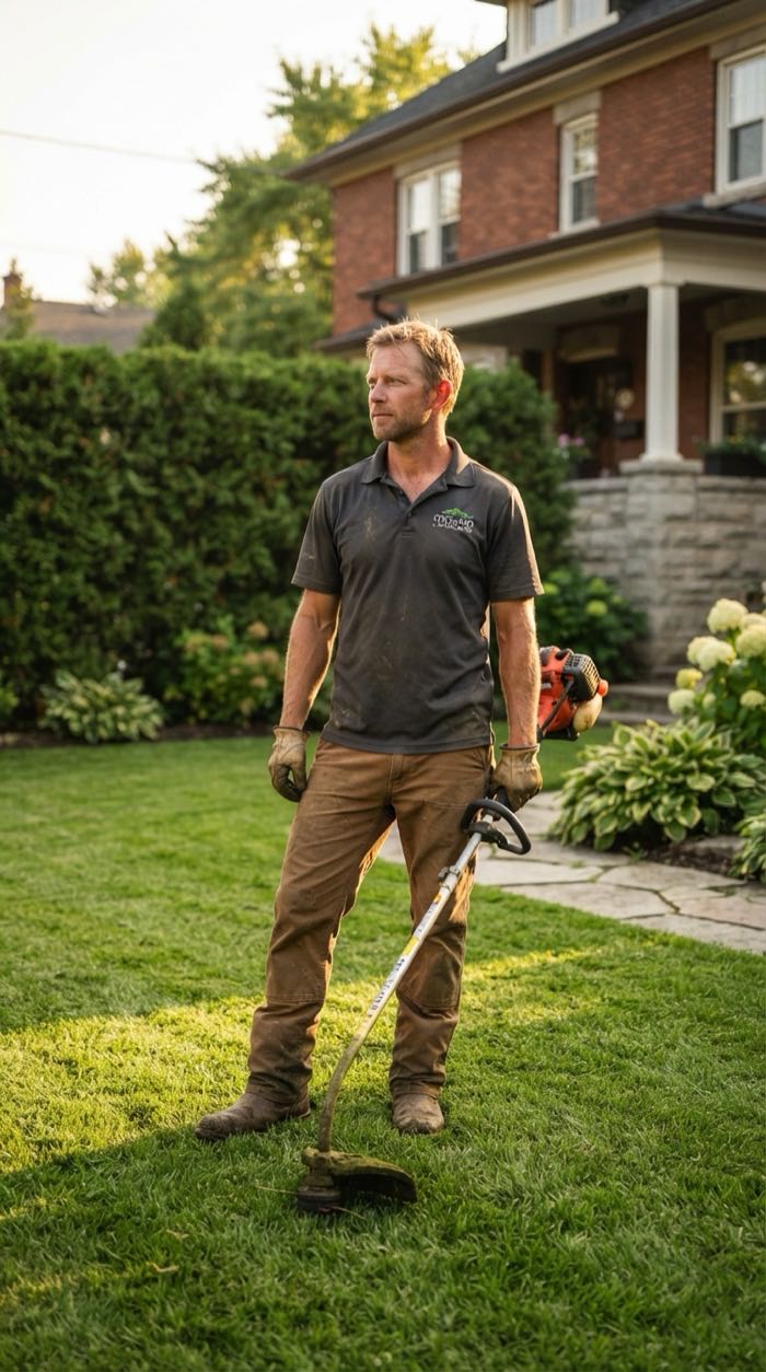 A Summit Landscaping crew member with a string trimmer on a Markham front lawn
