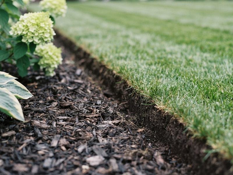 The clean cut line between a mulched garden bed and a freshly mown lawn