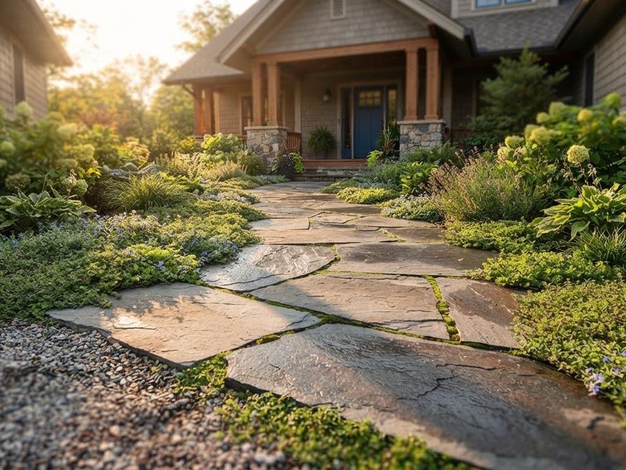 Flagstone walkway winding to a front porch