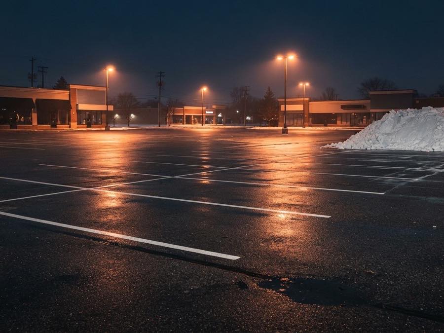 Commercial parking lot cleared and salted before opening