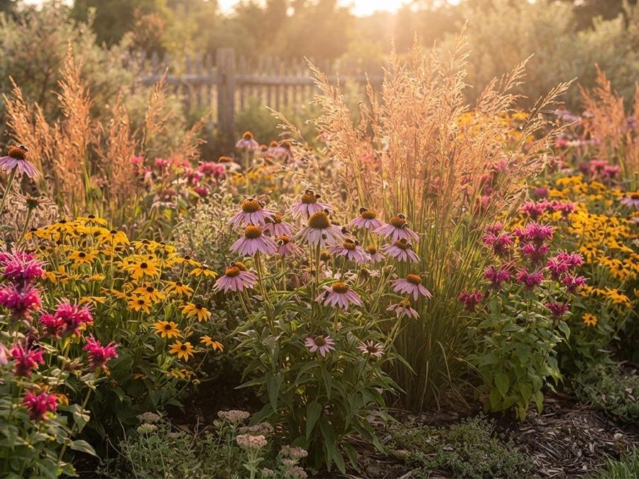 Pollinator garden with native grasses and coneflower