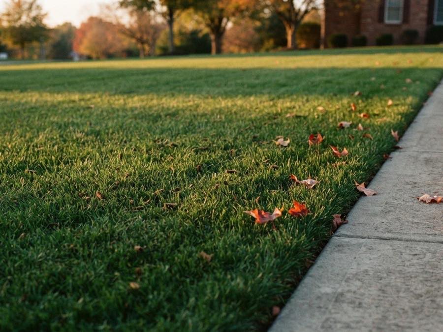 A restored lawn with a crisp edge along a concrete walkway in autumn