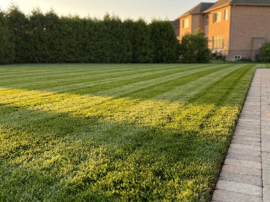 A freshly cut and edged residential lawn