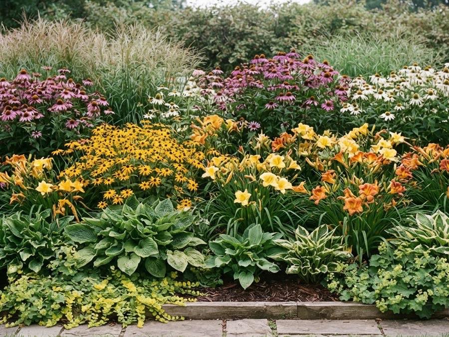 Designed garden bed with layered perennial planting