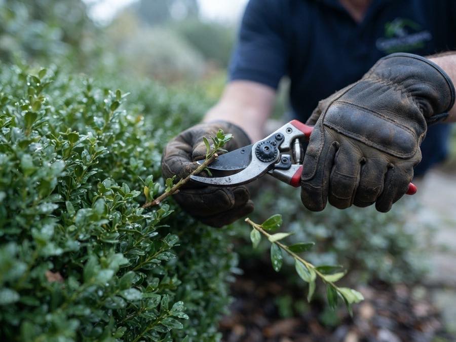 Crew pruning a mature shrub