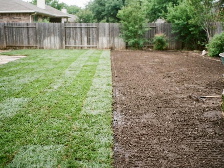 A backyard half laid with fresh sod beside bare graded soil