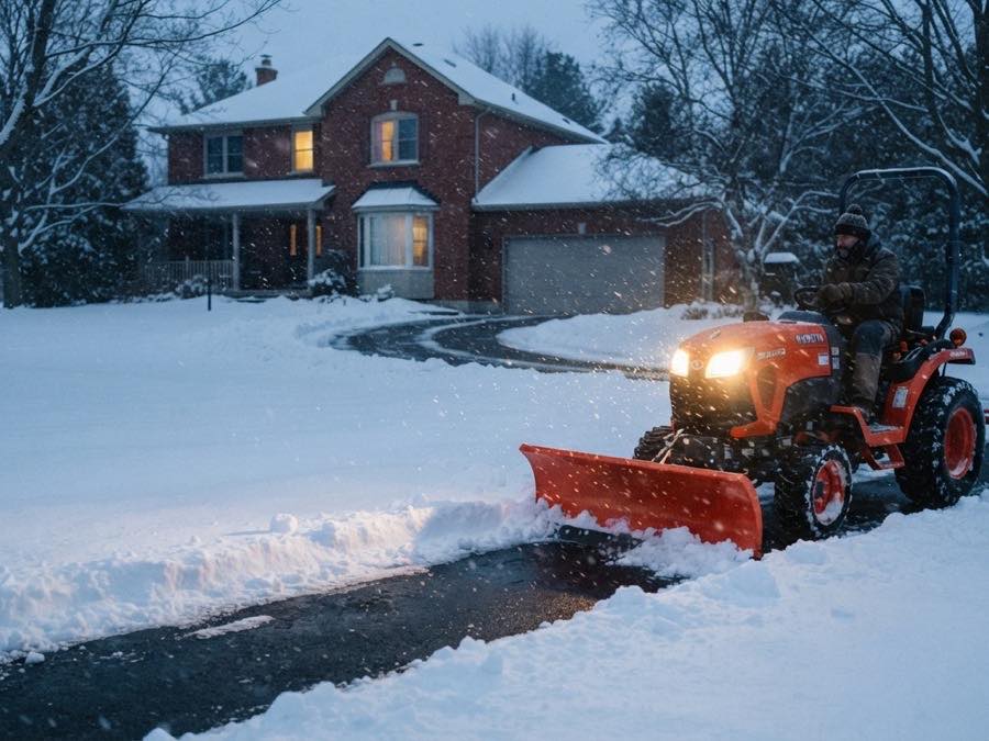 A compact tractor clearing a residential driveway at dawn